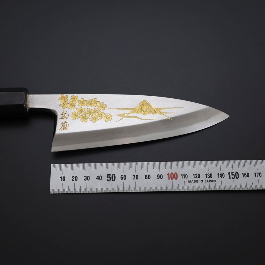 Deba White Steel #2 Kasumi Chokin Gold Sakura-Fuji Buffalo Ebony Handle 150mm