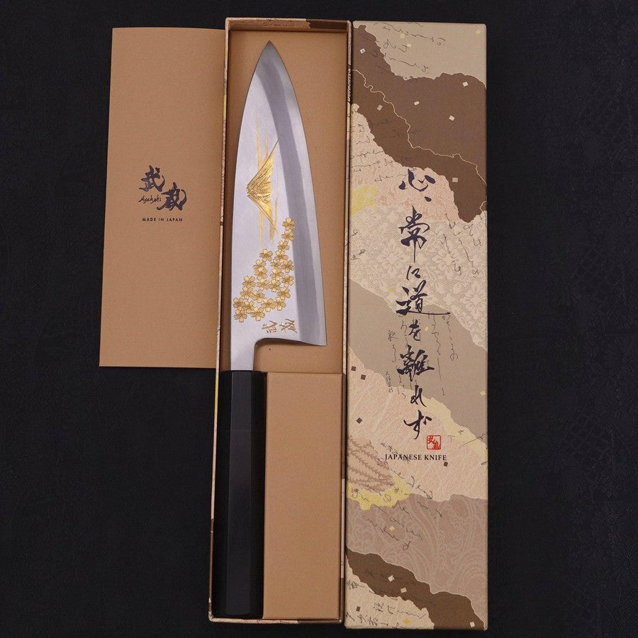 Deba White Steel #2 Kasumi Chokin Gold Sakura-Fuji Buffalo Ebony Handle 180mm
