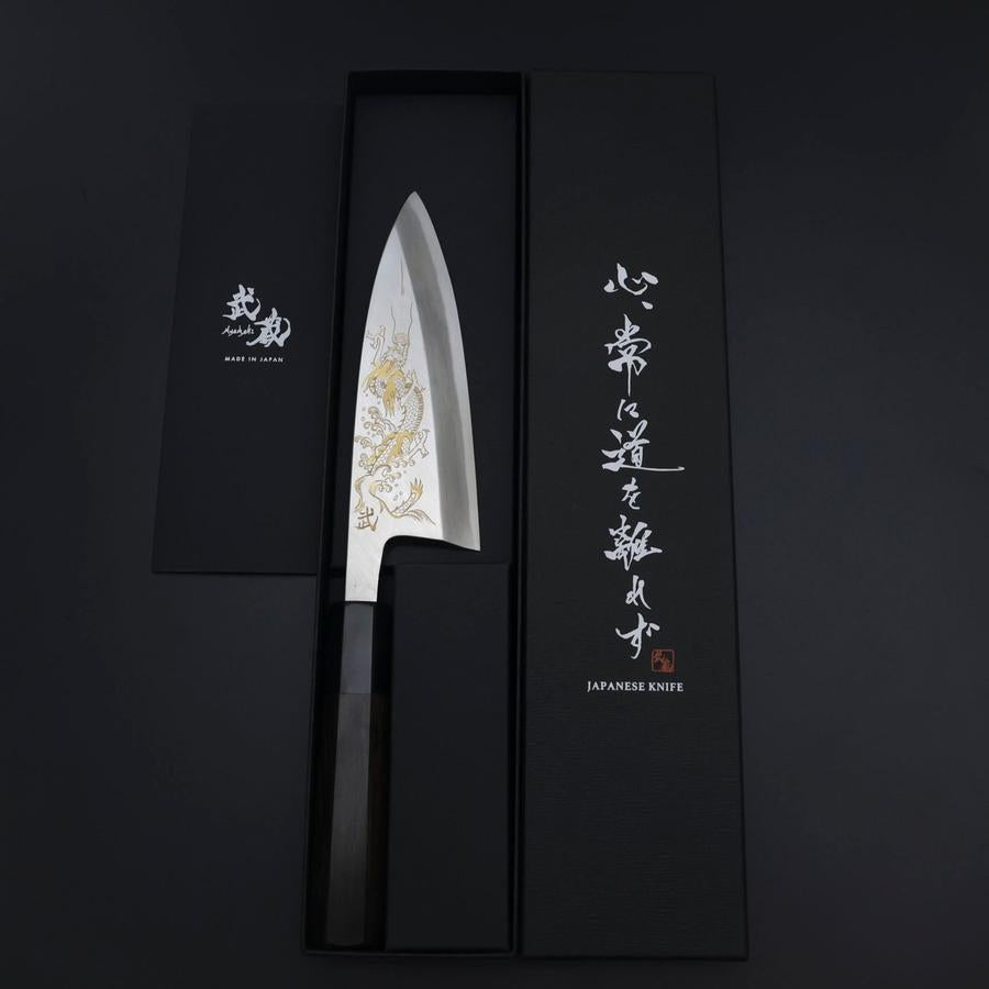 Deba White Steel #2 Kasumi Chokin Silver Dragon Buffalo Ebony Handle 150mm