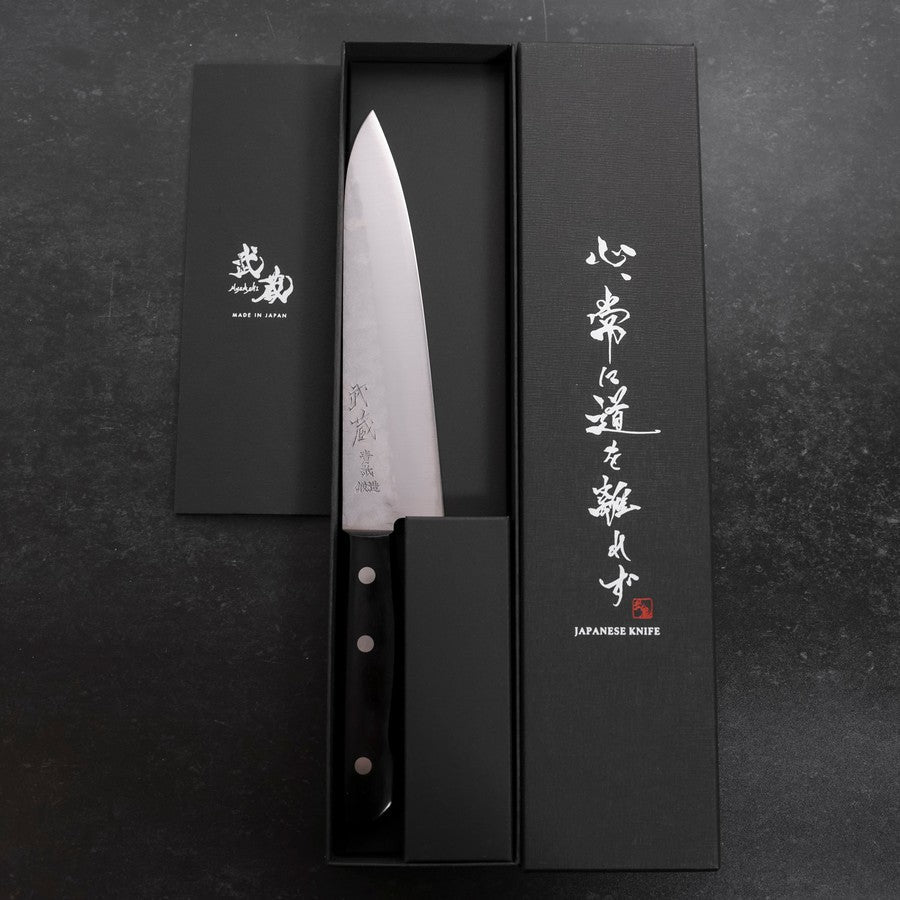 Gyuto Blue Steel #2 Stainless Clad Tsuchime Western Black Handle 180mm