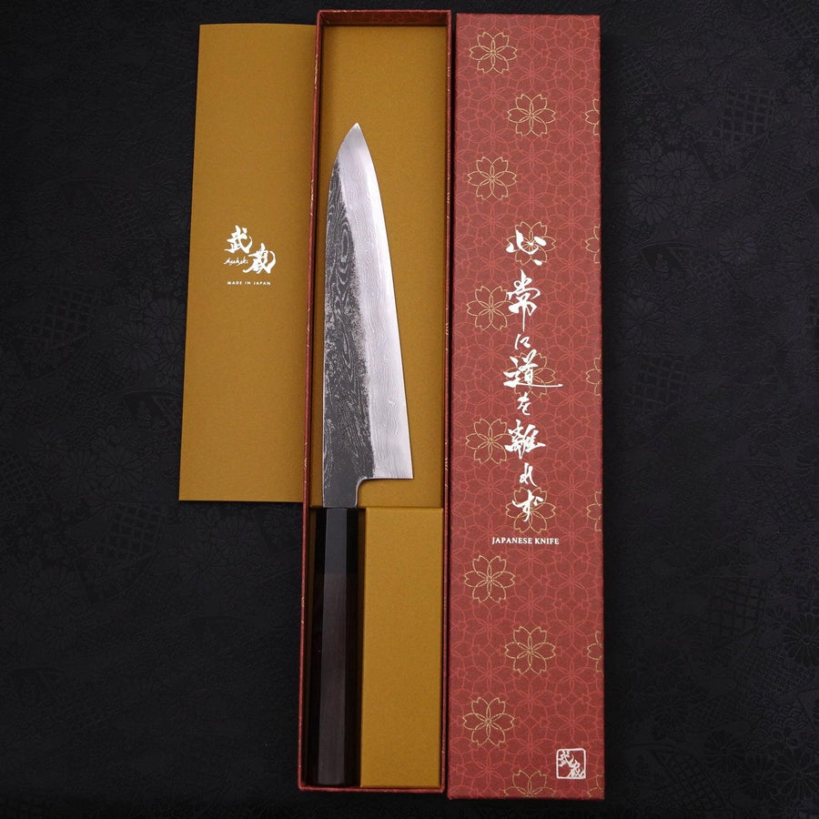 Gyuto Blue Steel #1 Kurouchi Suminagashi Buffalo Ebony Handle 200mm