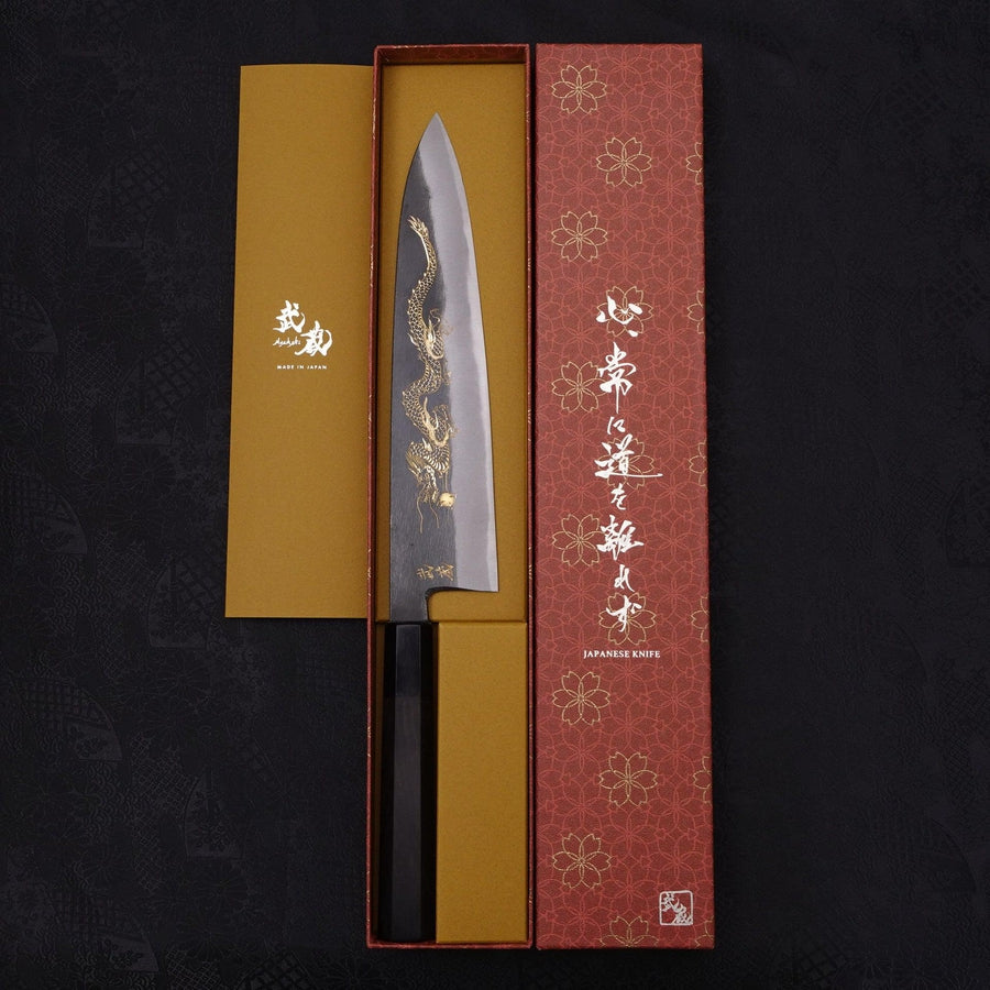 Gyuto Blue Steel #2 Kurouchi Chokin Dragon Buffalo Ebony Handle 240mm