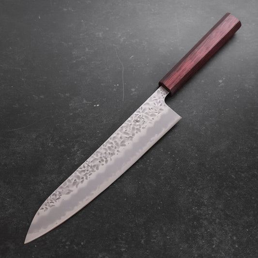 Gyuto White Steel #1 Stainless Clad Tsuchime Purple Urushi Handle 240mm