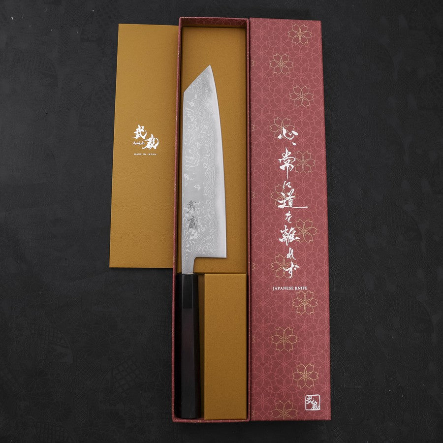 Kiritsuke Blue Steel #2 Damascus Buffalo Ebony Handle 210mm