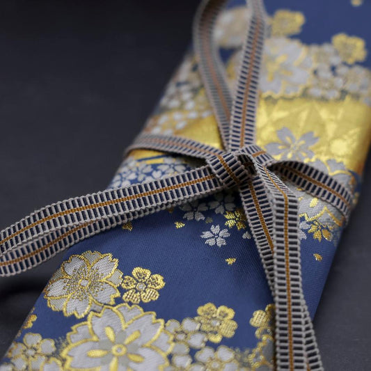 Musashi Japanese Style Kitchen Knife Roll Blue-Golden Sakura River 4 Pockets Handmade