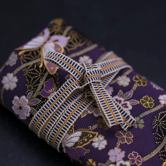 Musashi Japanese Style Kitchen Knife Roll Purple-Gold Butterfly&Sakura 4 Pockets Handmade
