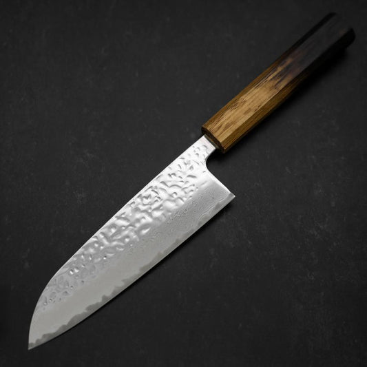 Santoku AUS-10 Mirror Tsuchime Damascus Yaki urushi Handle 165mm