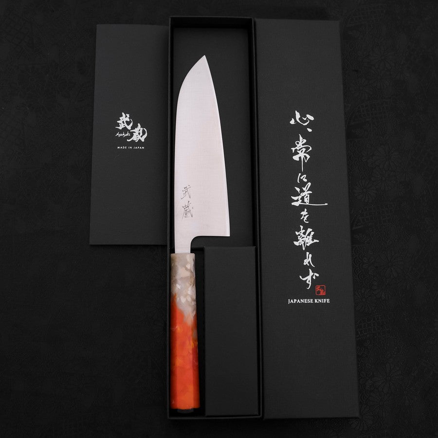 Santoku AUS-10 Polished Ocean Orange & White Handle 165mm