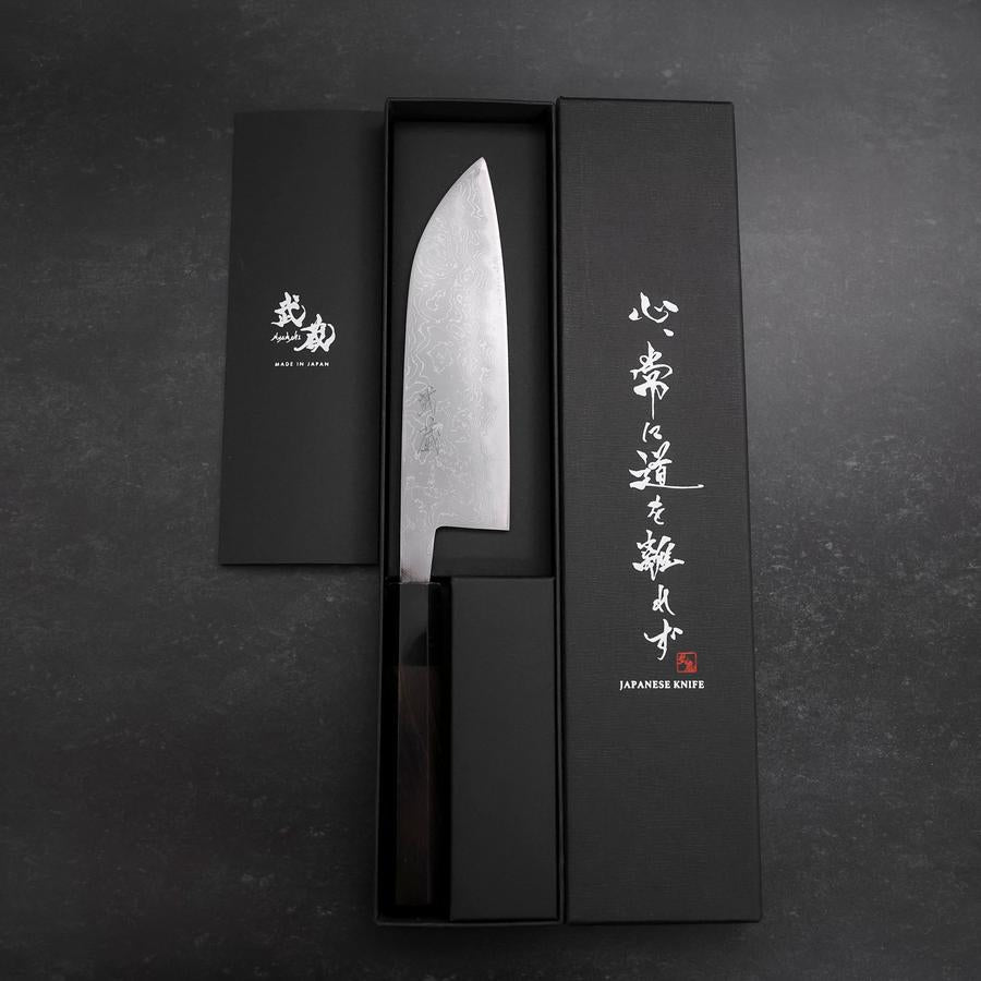 Santoku Blue Steel #2 Damascus Buffalo Ebony Handle 165mm