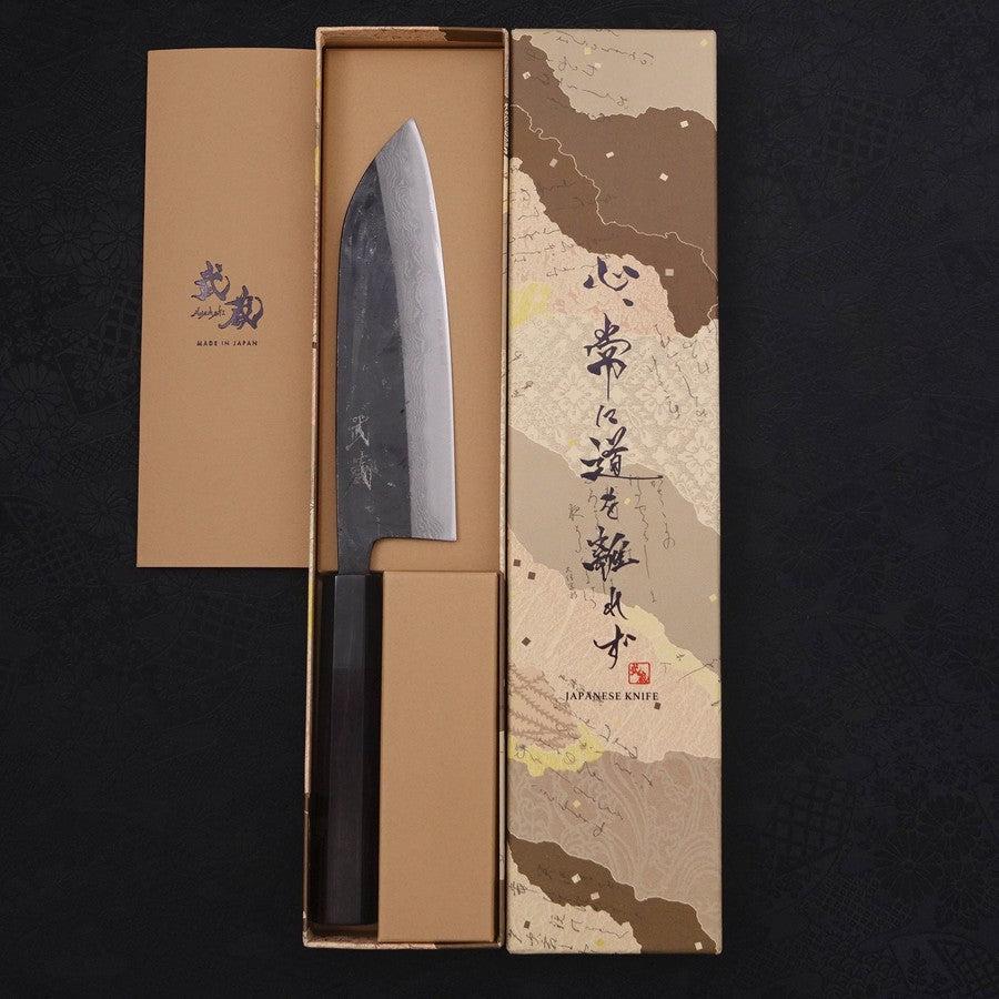 Santoku Blue Steel #2 Kurouchi Damascus Buffalo Ebony Handle 165mm
