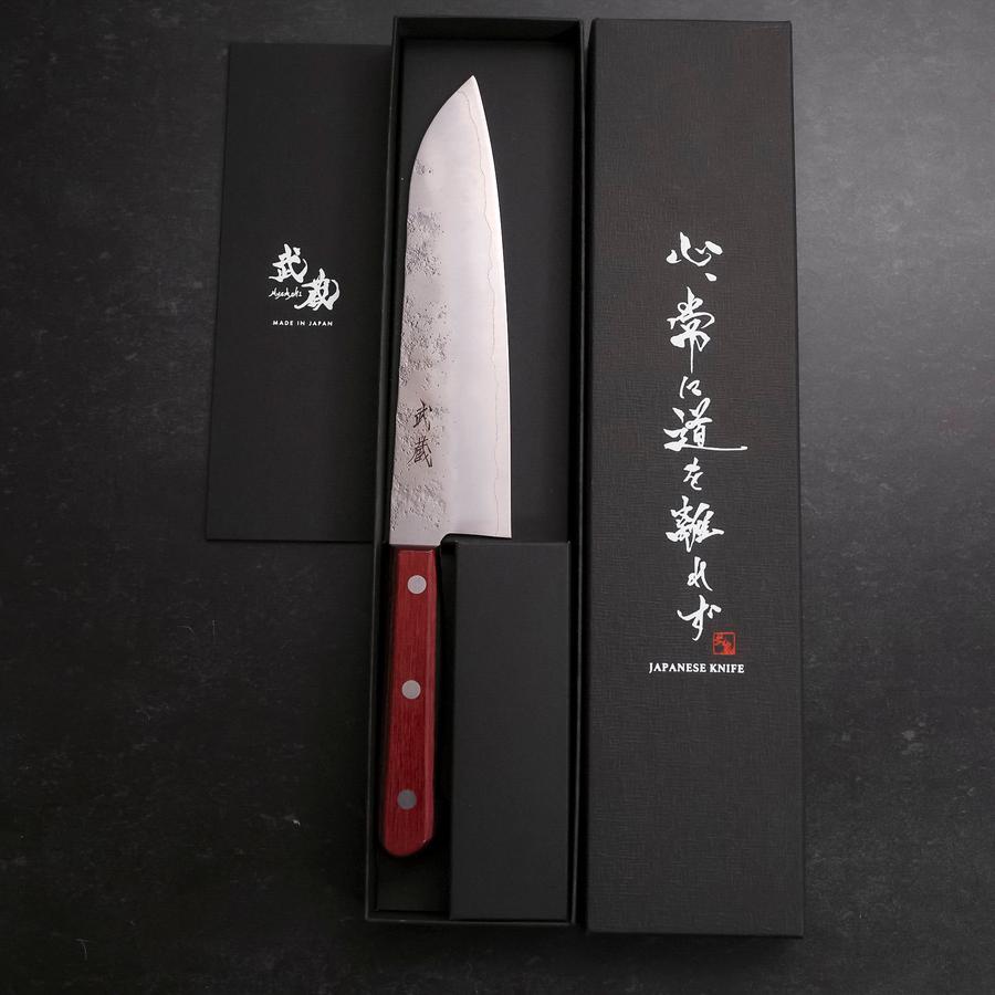Santoku Silver Steel #3 Nashiji Western Red Handle 180mm (Tsuba-Nashi)