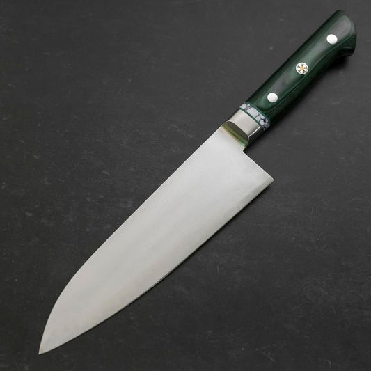 Santoku Stainless Clad Blue Steel #2 Polished Green Micarta Turqoise Handle 180mm