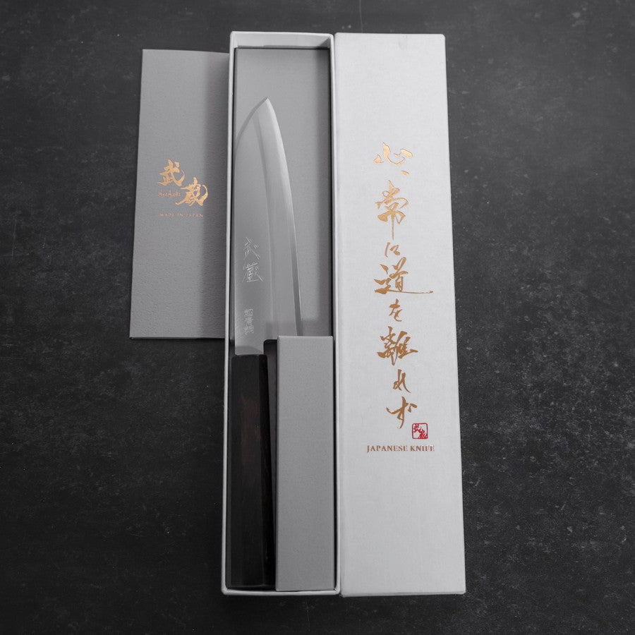 Santoku Stainless Clad Blue Super Polished Buffalo Ebony Handle 140mm