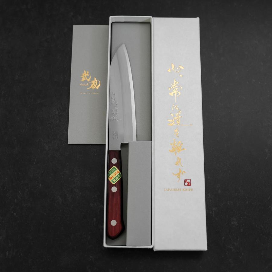 Santoku Stainless Clad Blue Super Polished Western Black Red Handle 140mm