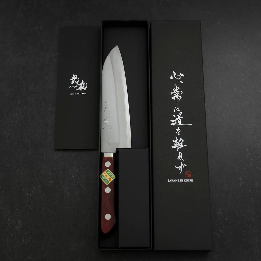 Santoku Stainless Clad Blue Super Polished Western Black Red Handle 165mm