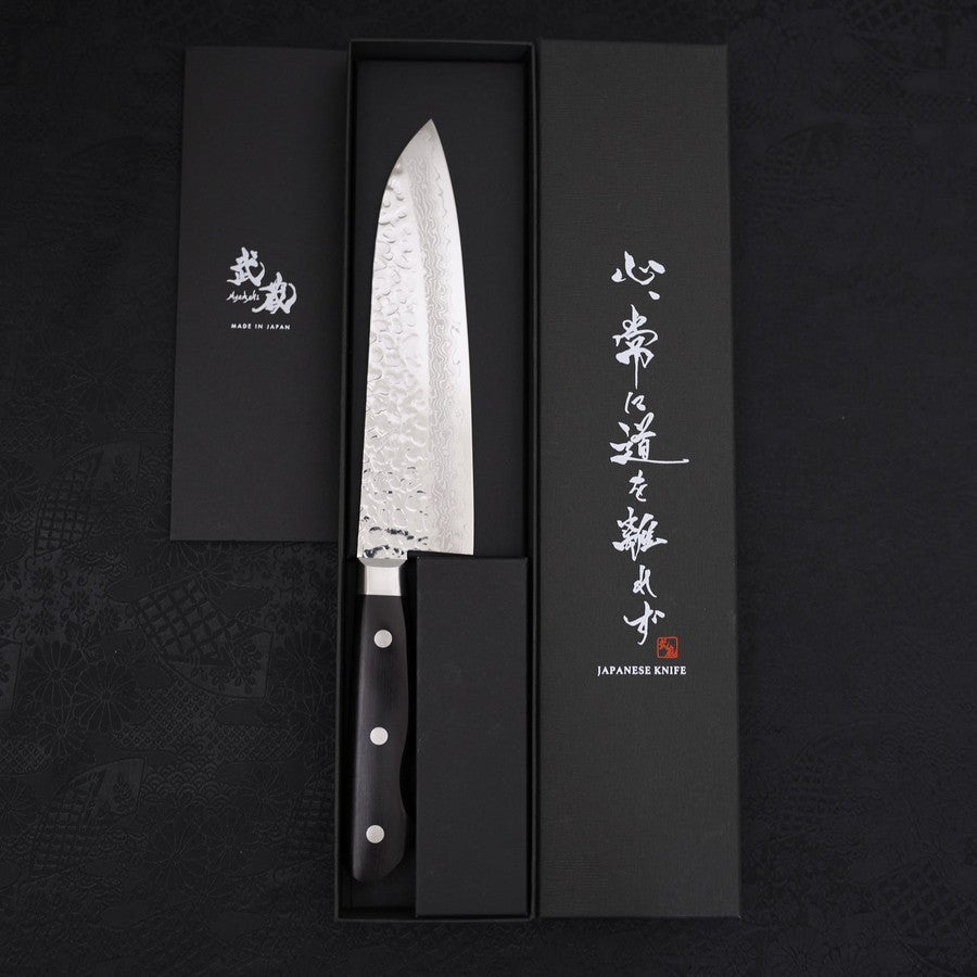 Santoku VG-10 Mirror Tsuchime Damascus Western Black Handle 180mm
