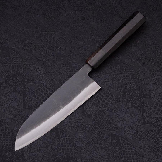 Santoku White Steel #2 Kurouchi Chokin Samurai Full Moon Buffalo Ebony Handle 170mm
