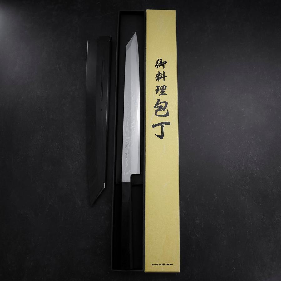 Yanagi Kiritsuke Blue Steel #1 Suminagashi Buffalo Ebony Handle With Sheath 300mm