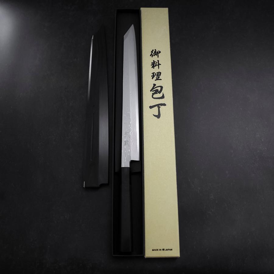 Yanagi Kiritsuke Blue Steel #1 Suminagashi Buffalo Ebony Handle With Sheath 330mm