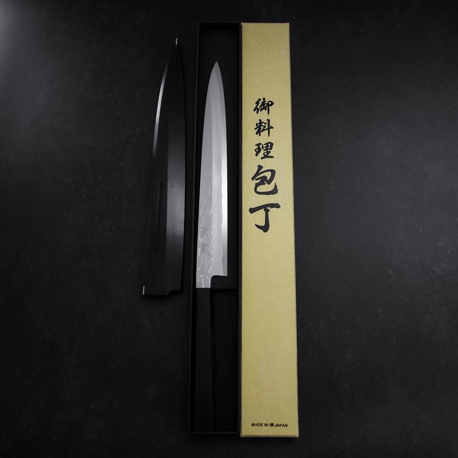 Yanagiba Blue Steel #1 Suminagashi Buffalo Ebony Handle With Sheath 270mm