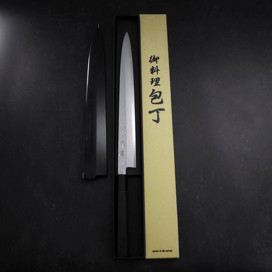 Yanagiba Blue Steel #1 Suminagashi Buffalo Ebony Handle With Sheath 330mm