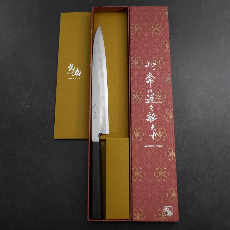 Yanagiba Blue Steel #2 Damascus Buffalo Ebony Handle 210mm