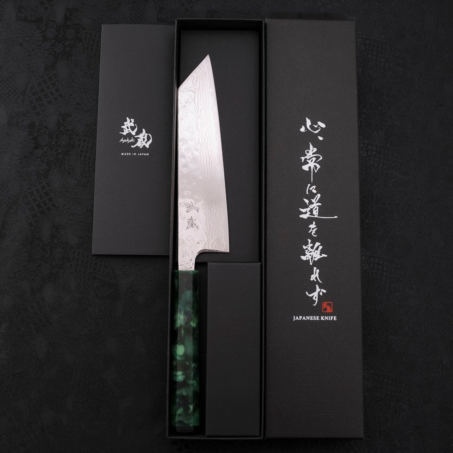 Bunka AUS-10 Nashiji Damascus Mirror Ocean Green Handle 170mm