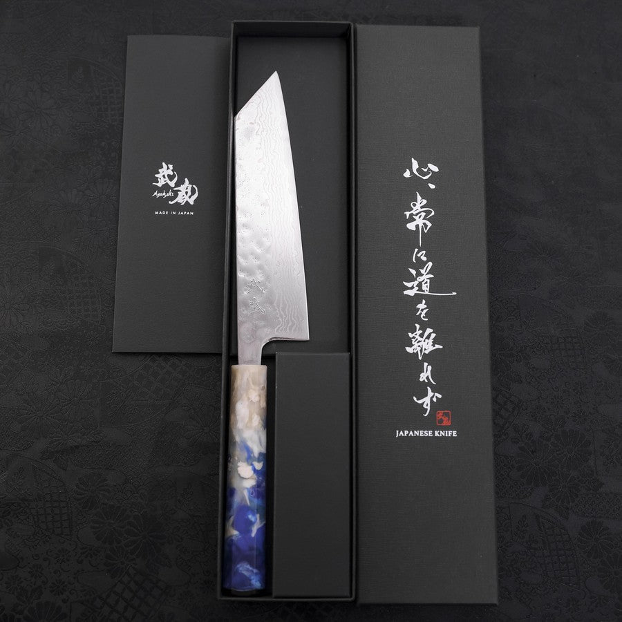 Bunka AUS-10 Nashiji Damascus Mirror Ocean White Blue Handle 170mm