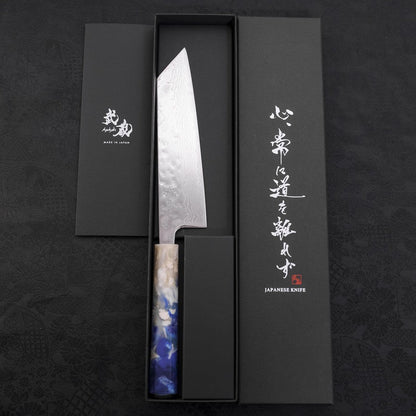 Bunka AUS-10 Nashiji Damascus Mirror Ocean White Blue Handle 170mm