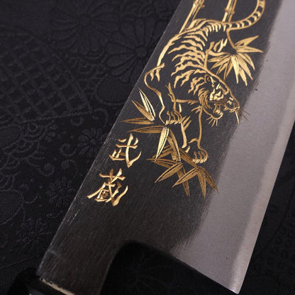Bunka Blue Steel #2 Kurouchi Chokin Tiger-Bamboo Buffalo Ebony Handle 175mm