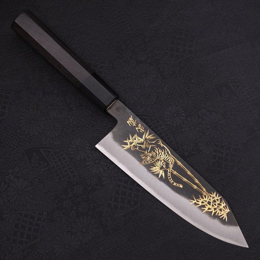 Bunka Blue Steel #2 Kurouchi Chokin Tiger-Bamboo Buffalo Ebony Handle 175mm