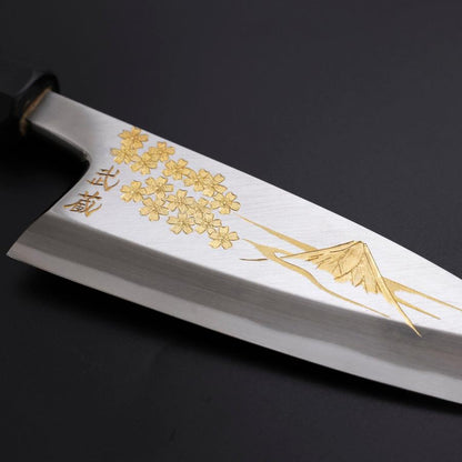 Deba White Steel #2 Kasumi Chokin Gold Sakura-Fuji Buffalo Ebony Handle 150mm