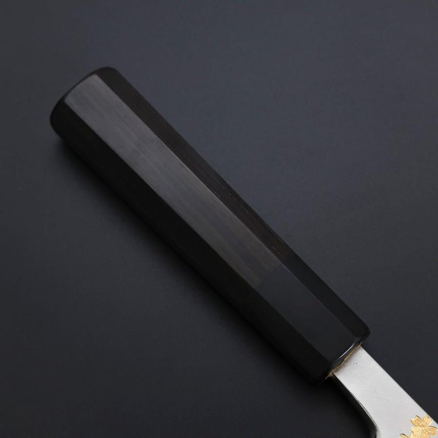 Deba White Steel #2 Kasumi Chokin Gold Sakura-Fuji Buffalo Ebony Handle 150mm
