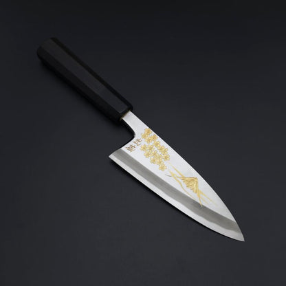 Deba White Steel #2 Kasumi Chokin Gold Sakura-Fuji Buffalo Ebony Handle 150mm