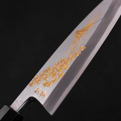 Deba White Steel #2 Kasumi Chokin Gold Sakura-Fuji Buffalo Ebony Handle 165mm