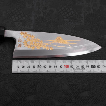 Deba White Steel #2 Kasumi Chokin Gold Sakura-Fuji Buffalo Ebony Handle 165mm