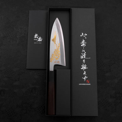 Deba White Steel #2 Kasumi Chokin Gold Sakura-Fuji Buffalo Ebony Handle 165mm