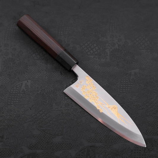 Deba White Steel #2 Kasumi Chokin Gold Sakura-Fuji Buffalo Ebony Handle 165mm