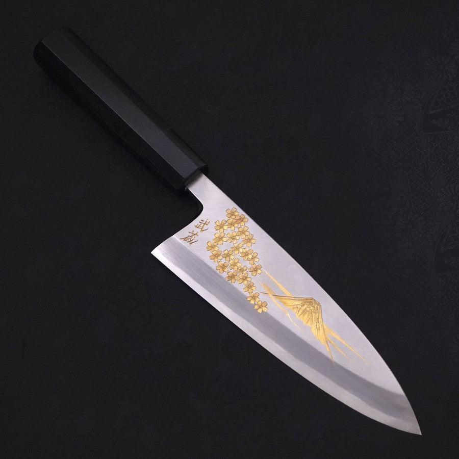 Deba White Steel #2 Kasumi Chokin Gold Sakura-Fuji Buffalo Ebony Handle 180mm