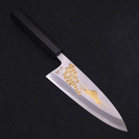 Deba White Steel #2 Kasumi Chokin Gold Sakura-Fuji Buffalo Ebony Handle 180mm