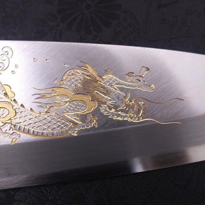 Deba White Steel #2 Kasumi Chokin Silver Dragon Buffalo Ebony Handle 170mm