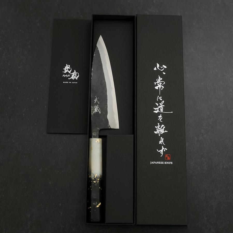 Funayuki Blue Steel #2 Kurouchi Ocean Black White Gold Handle 165mm