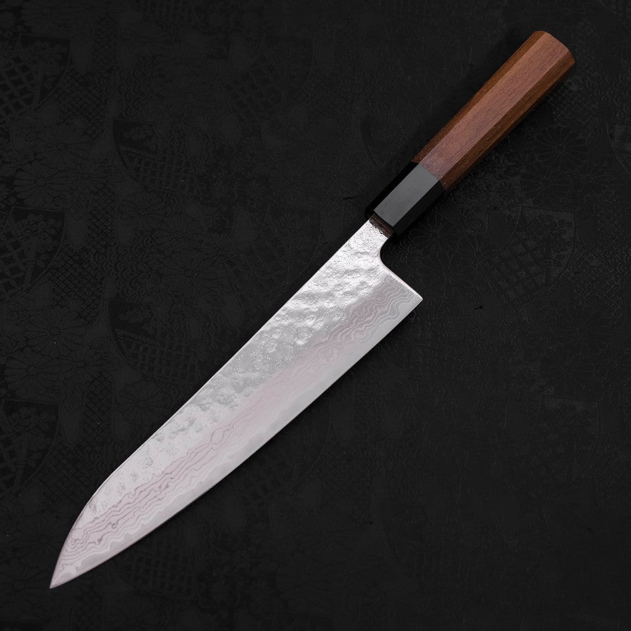 Gyuto AUS-10 Mirror Tsuchime Damascus Buffalo Teak Handle 210mm