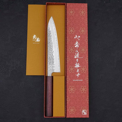 Gyuto AUS-10 Tsuchime Damascus Purple Urushi Handle 210mm