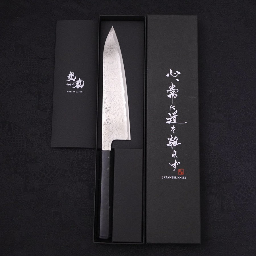 Gyuto AUS-10 Wave Nickel Damascus Ocean Black Handle 180mm