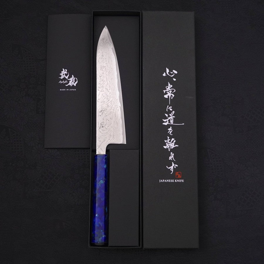 Gyuto AUS-10 Wave Nickel Damascus Ocean Blue Handle 180mm