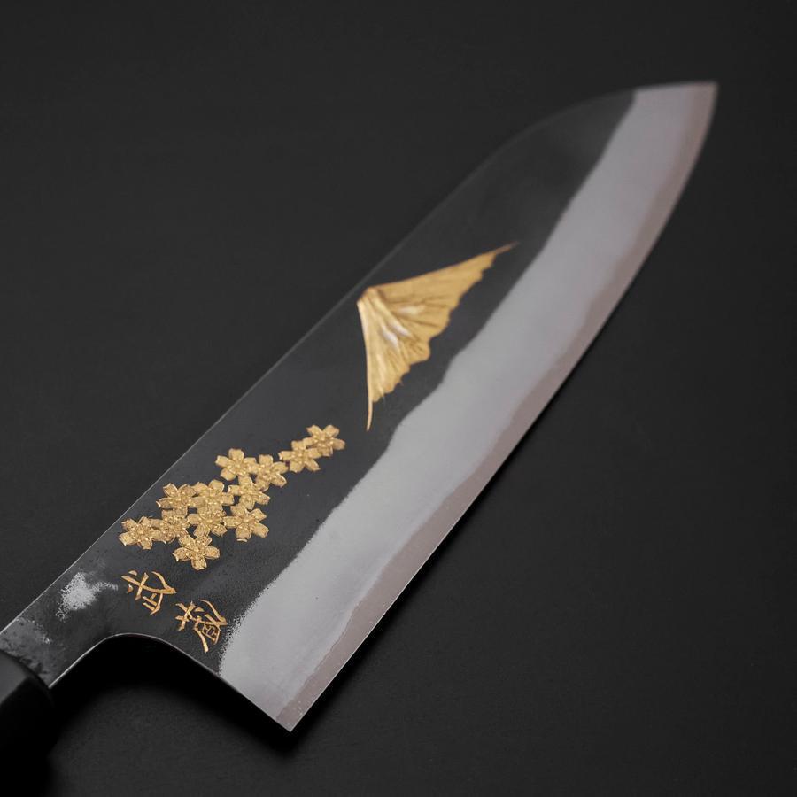 Gyuto Blue Steel #2 Kurouchi Stainless Clad Chokin Sakura-Fuji Buffalo Ebony Handle 210mm