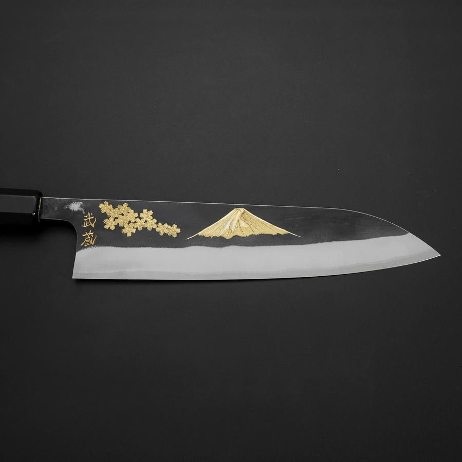 Gyuto Blue Steel #2 Kurouchi Stainless Clad Chokin Sakura-Fuji Buffalo Ebony Handle 210mm