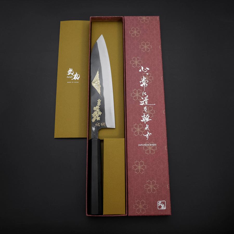 Gyuto Blue Steel #2 Kurouchi Stainless Clad Chokin Sakura-Fuji Buffalo Ebony Handle 210mm