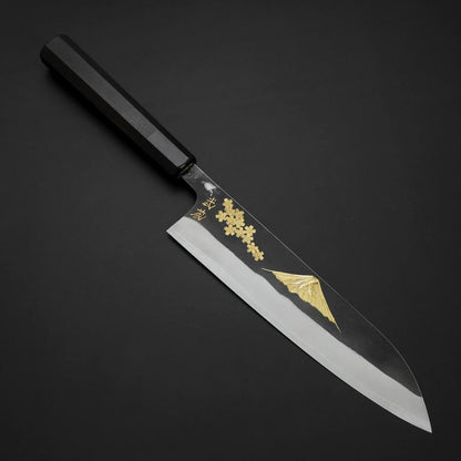 Gyuto Blue Steel #2 Kurouchi Stainless Clad Chokin Sakura-Fuji Buffalo Ebony Handle 210mm